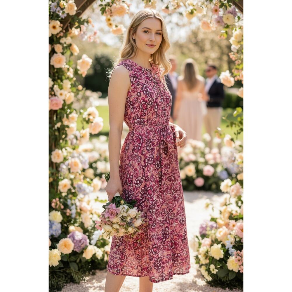FAHERTY DRESS LINEN FLORAL MIDI PINK COTTAGECORE MILKMAID BOHO WESTERN COQUETTE
